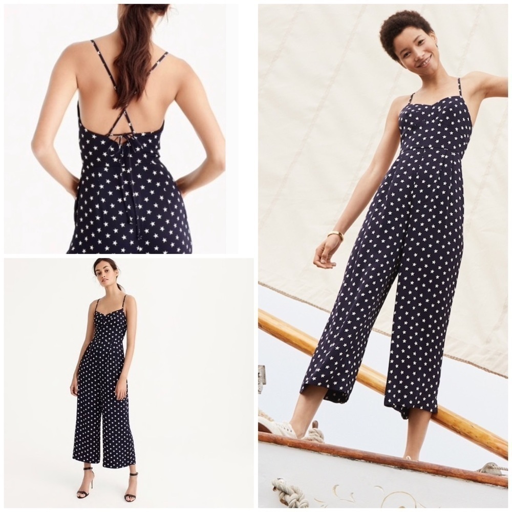 EUC J. Crew Tie-back Stars Print Pattern Navy Blue Culotte Pockets Jumpsuit 4‌‌‍